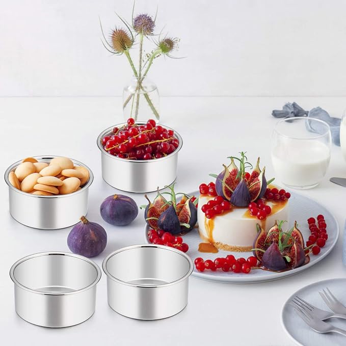 TeamFar 4 Inch Cake Pan, 4 Pcs Mini Cake Pan Round Tier Baking Tins Set Stainless Steel, For Baking Steaming Serving, Healthy & Sturdy, Mirror Finish & Dishwasher Safe (Pack of 2)