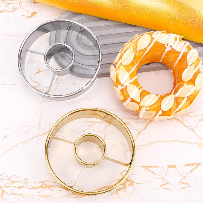 2pcs Professional Donut Cutter with Central Hole, 9.8cm/3.9in Stainless Steel Doughnut Mold Tool for Perfect Donuts Bagels Cookies Biscuits Baking & Pastry Making (Silver and Gold)