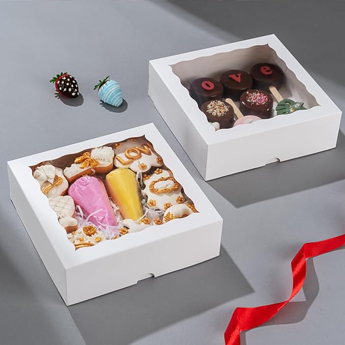 TEMLQPACK 15pcs 8x8x2 Inches White Bakery Boxes for Christmas - Cookies, Chocolate Covered Strawberries, Cakesickles, Brownies, Chocolate Truffles