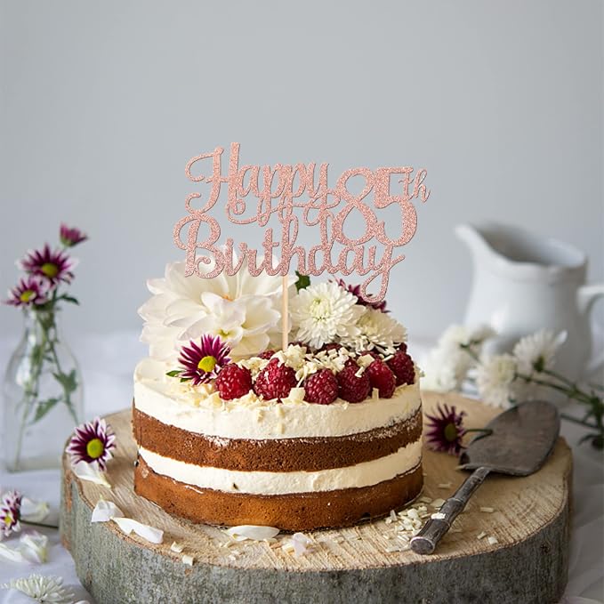 1 PCS Happy 85th Birthday Cake Topper Glitter Cheers to 85 Years Birthday Cake Pick 85 Fabulous Cake Decoration for Happy 85th Birthday Theme Party Decorations Supplies Rose Gold