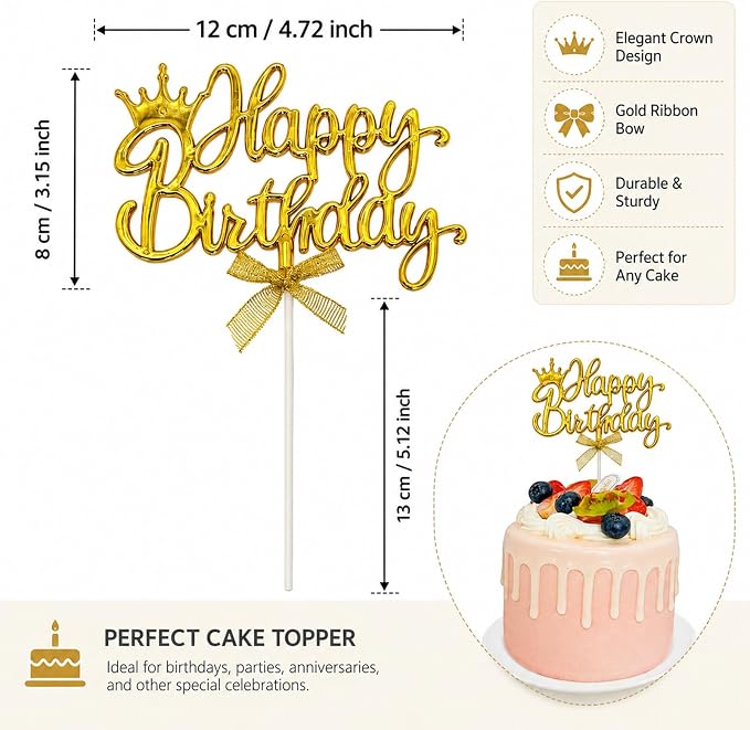 Gold Acrylic Happy Birthday Cake Topper with Crown and Bow | Glossy gold acrylic script with crown and bow adds an elegant finishing touch to birthday cakes and celebration desserts.