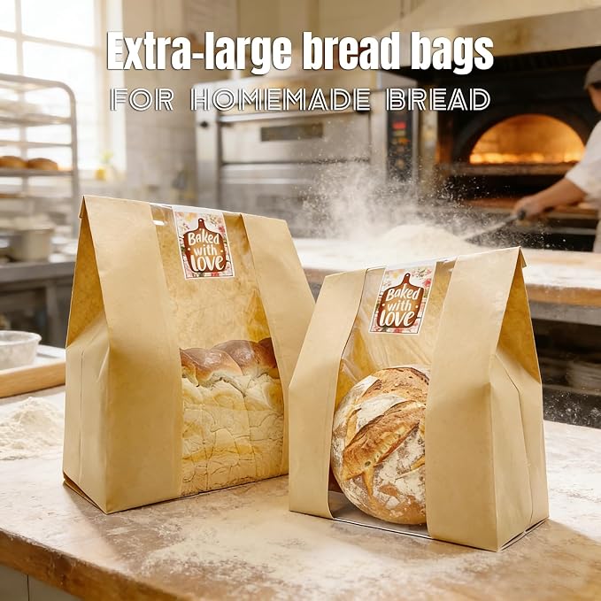 BIUBIU 16 x 10 x 5 Inches Extra Large Paper Bread Bags for Homemade Bread with Window and Sticker for XL Sourdough Bread, Supersized Loaf, Baked Goods, Packaging for Gifting - Brown Kraft 25 Pack