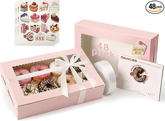 OAMCEG 48 Pack Cookie Boxes with Window, 12x8x2.5 Inch Bakery Treat Boxes for Christmas Holiday Gift Giving, Desserts, Donuts, Pastries-Pink