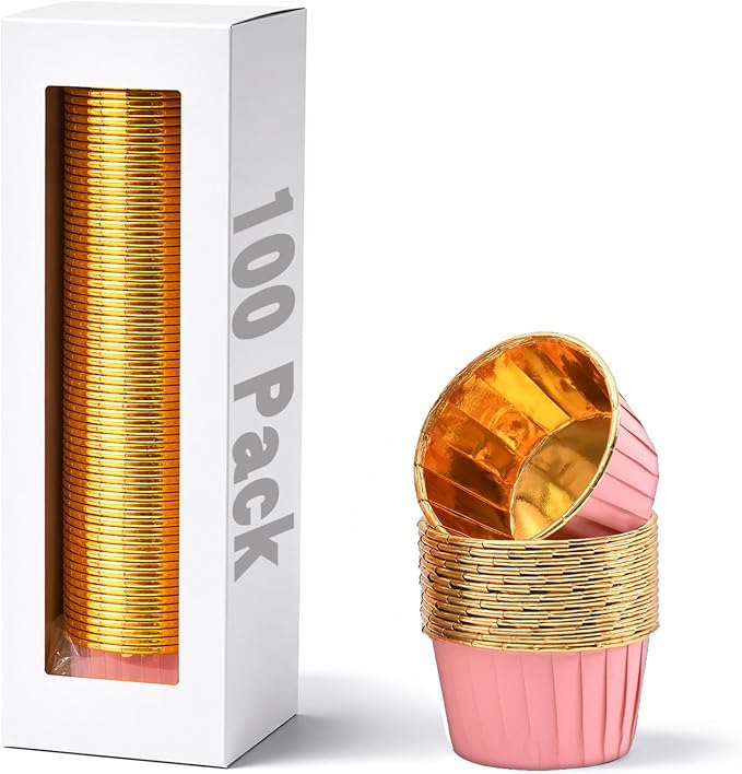 Party Hippo Cupcake Cups, 3.5 Oz 100 pcs Disposable Foil Muffin Liners, Gold Baking Cups, Ramekin Aluminum Cupcake Tip Pan Ramekin Holders, Little Baking Cups (100, Pink)