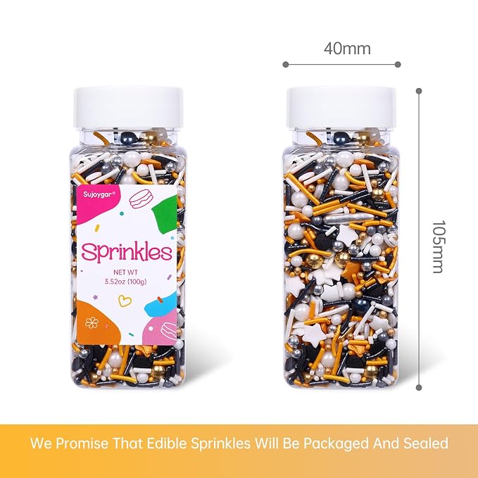 Black Sprinkles for Cake Decorating, 3.52oz Graduation Candy Sprinkles, Metallic Gold and Black Star Sprinkles for Cupcakes Baking Ice Cream Cookies, Wedding Birthday Party Decorations