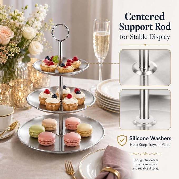 YOUNTHYE 2 Pack Silver Cupcake Stand, 3 Tier Stainless Steel Tiered Serving Tray, Dessert Display Stand for Cupcakes, Cookies, Fruit, Wedding, Birthday, Tea Party and Holiday Table
