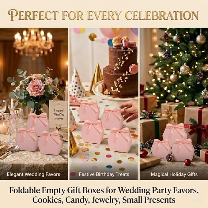 Rowcay Small Gift Boxes with Ribbons, 16 Pack Pink Foldable Empty Gift Boxes for Wedding Party Favors, Cookies, Candy, Jewelry, Small Presents, Gift Packaging and Favor Displays
