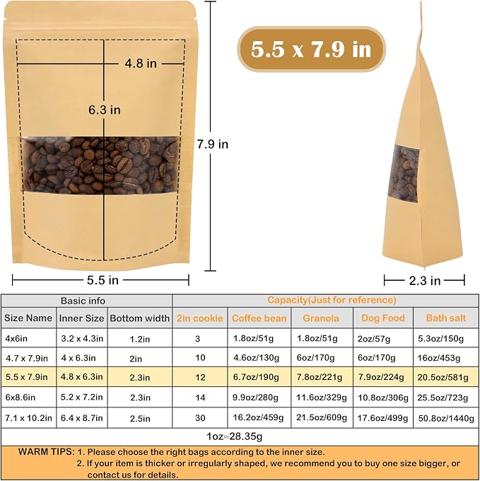 Blisstime 50 Pack Kraft Paper Stand Up Pouch Bags, Resealable Bag with Transparent Window and Tear Notch for Multipurpose Storage (5.5 X 7.9 Inches)