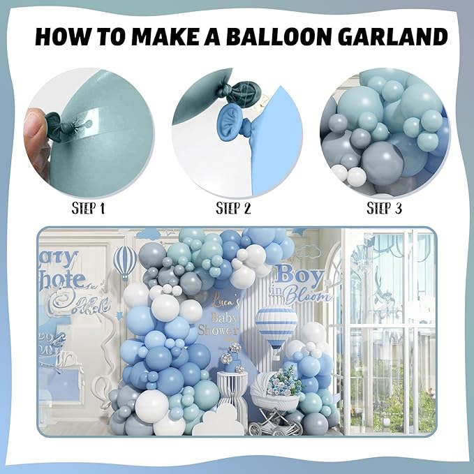 Togvu 112 Pcs Dusty Blue Grey Balloon Garland Arch Kit, Retro Slate Pastel Blue Pale Grey White Balloon Arch Kit for Boys Birthday Wedding Baby in Bloom Bridal Shower Party Decorations