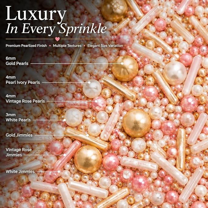 Confect Pink, White & Gold Pearl Cake Sprinkles Mix – Decorative Edible Baking Confetti for Cakes, Cupcakes & Desserts | Vegan, Gluten-Free, Nut-Free, Soy-Free, Dairy-Free, Palm Oil-Free- 4.2 Oz