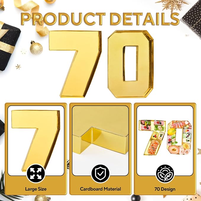 Cardboard Number for Charcuterie 70 Set Fillable Tray 10.2'' Gold Charcuterie Paper Box for 70th Birthday Anniversary Party Decorations Chocolate Candy Cupcake Container