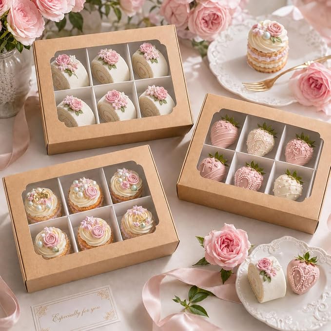 Zealax Kraft Bakery Boxes with Window and Dividers Cookie Packaging Small Treats for Gift Giving, Macaron Boxes Treat Boxes for Mini Cupcakes, Chocolate Covered Strawberries, 10 Pack, 9x6x2.5 Inch