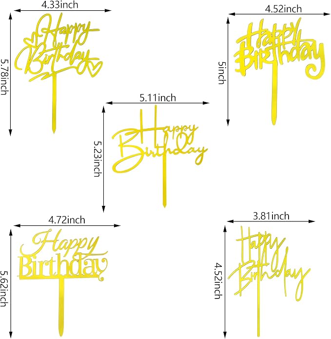 10 PCS Gold Happy Birthday Cake Topper Acrylic Cupcake Topper Birthday Supplies Decorations