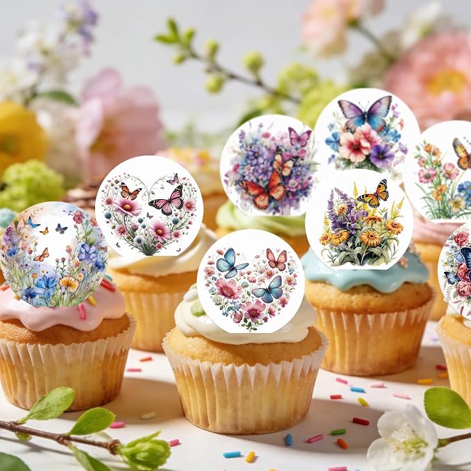 Edible 36PCS Flower Cupcake Toppers Wafer Paper Butterfly Floral Baby Shower Cake Decorations Edible Spring Flower Cupcake Toppers for Floral Theme Birthday Party Decoration