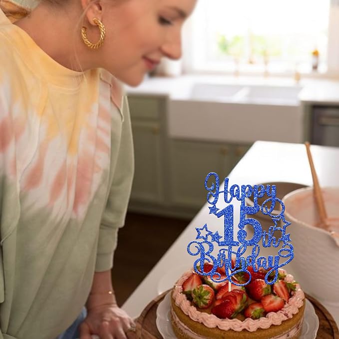 1 PCS Happy 15th Birthday Cake Topper Glitter Cheers to 15 Years Birthday Cake Pick Hello 15 Fabulous Cake Decoration for Happy 15th Birthday Anniversary Party Decorations Supplies Blue
