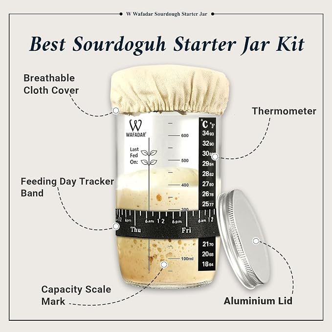 Upgraded Sourdough Starter Jar Kit –24 oz Glass Jar with Date Marked Feeding Band, Thermometer, Scraper, Cleaning Brush & Measuring Cups, Complete Bread Baking Supplies
