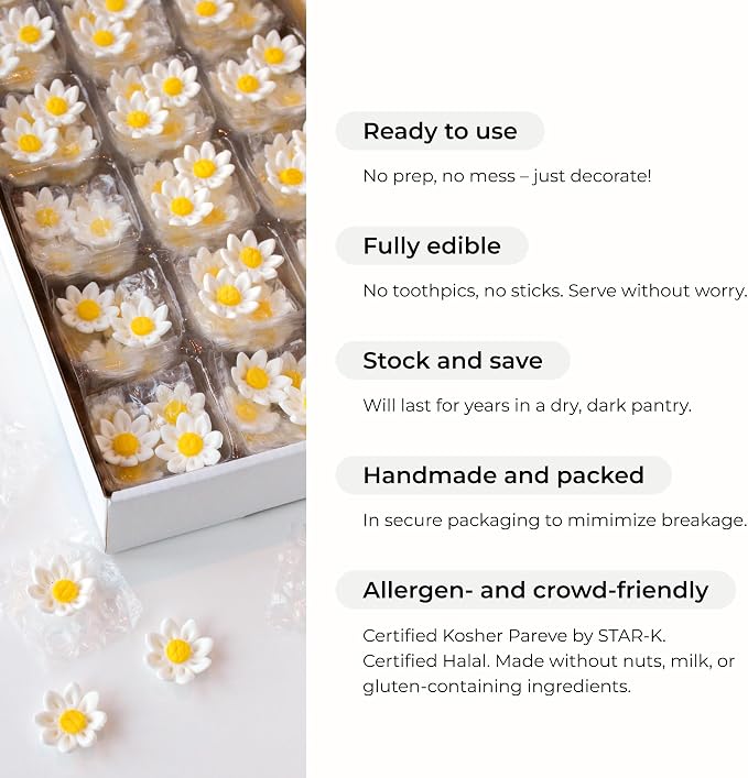144 Count Edible Daisy Cake Decorations, Mini Edible Flowers, White & Pink Sugar Flowers, Daisy Cupcake Toppers for Cakes & Cupcakes, Edible Cake Decorations, Global Sugar Art (3/4 Inch)