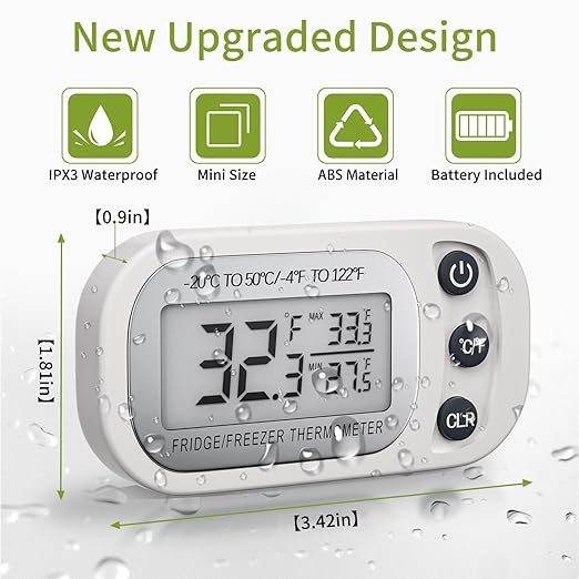 Digital Frigerator Thermometer 2 Pack, Waterproof Fridge and Freezer Thermometer, Thermometer Refrigerator with Large LCD Screen, Stand and Magnetic Back, for Room,Kitchen(White)