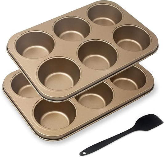 Non-Stick Gold Jumbo Muffin Pans, 6-Cup Set of 2 | Carbon Steel, Spatula Included for Extra-Large Muffins & Cupcakes