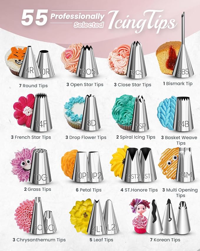 RFAQK 200PCs Cake Decorating Kit with Cake Turntable & Leveler, Baking Supplies Gift Includes 110+1 Piping Bags,55 Icing Tips,2 Frosting Spatulas, Adjustable Scraper, Video Tutorial, Booklet & more