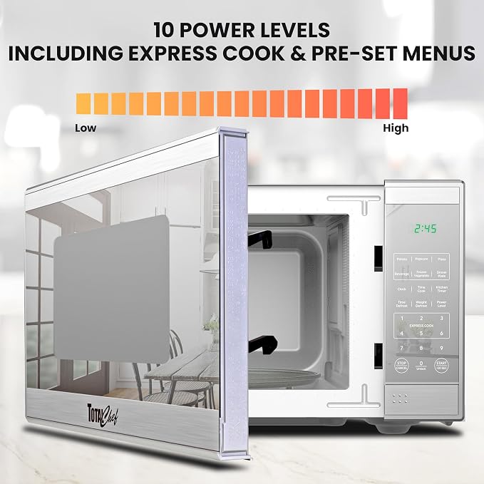 Total Chef 0.7 Cu Ft Microwave Oven - Countertop Small Kitchen Appliance, Stainless Steel Microwave with Digital Touch, Pre-Set Functions, 10” Turntable, 700 Watt