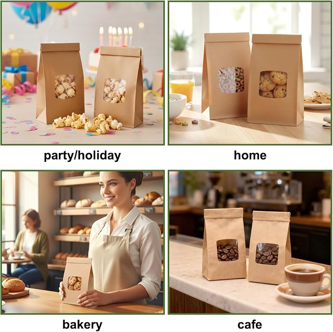 Moretoes Small Cookie Bags with Seal, 55pcs 3.54x2.32x6.69in, Seal by Tin Tie Tab, Brown Kraft Paper Small Bakery Bags with Window for Cookie Coffee Bread Pastry Treat Bakery Gift Giving Packing