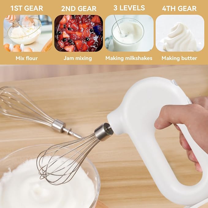 4 Speed Electric Hand Mixer, Mini 4 Speed Adjustable Cordless USB Rechargeable Electric Whisk Hand Mixer Portable Handheld Mixer 1500mAh Egg Beater (White)
