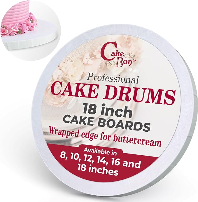 Cakebon Round Cake Boards - Sturdy 1/2 Inch Thick Cake Drums - 18 Inch Professional Base para Pastel Fully Wrapped Edges White 3-Pack