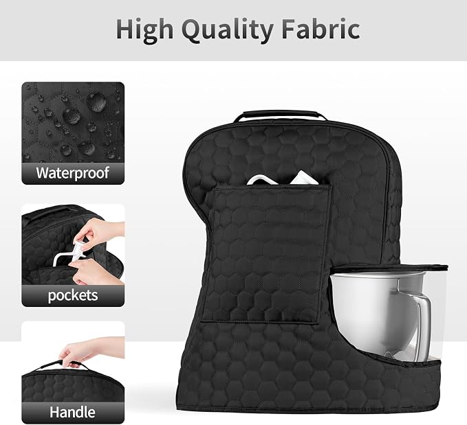Stand Mixer Dust Cover Compatible with KitchenAid Mixer - Storage Bag for 6/7/8 Quart Bowl Lift with Pockets for Kitchen Aid Accessories and Attachments(Black,Fits for 6-8 Quart）