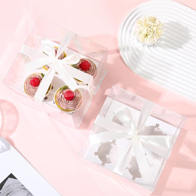 JCD 8 Pack Clear Cupcake Boxes, 4 Count Cupcake Containers with Gift Ribbon,5.3inches height Plastic Cupcake Carrier Holder for Treat Dessert Cookies Muffins Pastry Baby Shower Party (4count/8pcs)