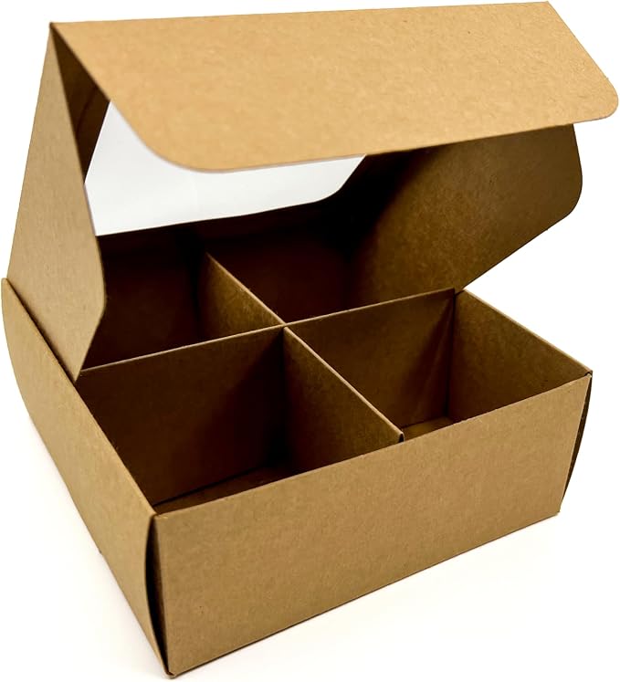 20pcs Kraft Treat Boxes with Window and Dividers | 4 LARGE compartments | 8 x 8 x 3 in | Valentine treat boxes, baked goods packaging, box for cookies, pastry packaging
