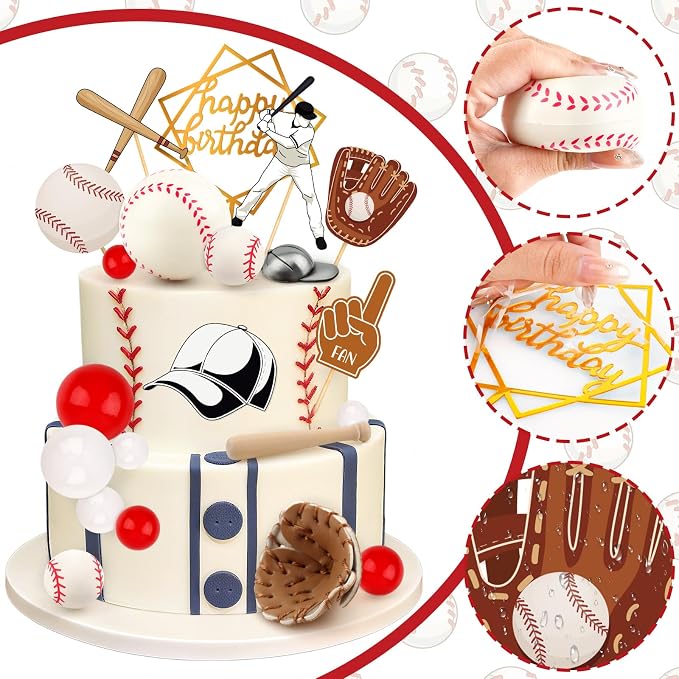 23Pcs Baseball Cake Toppers for Boys Baseball Cake Decorations with Baseballs Bat Glove Hat Player Red White Balls for Baseballs Themed Birthday Party Decorations Sports Theme Party Decoration