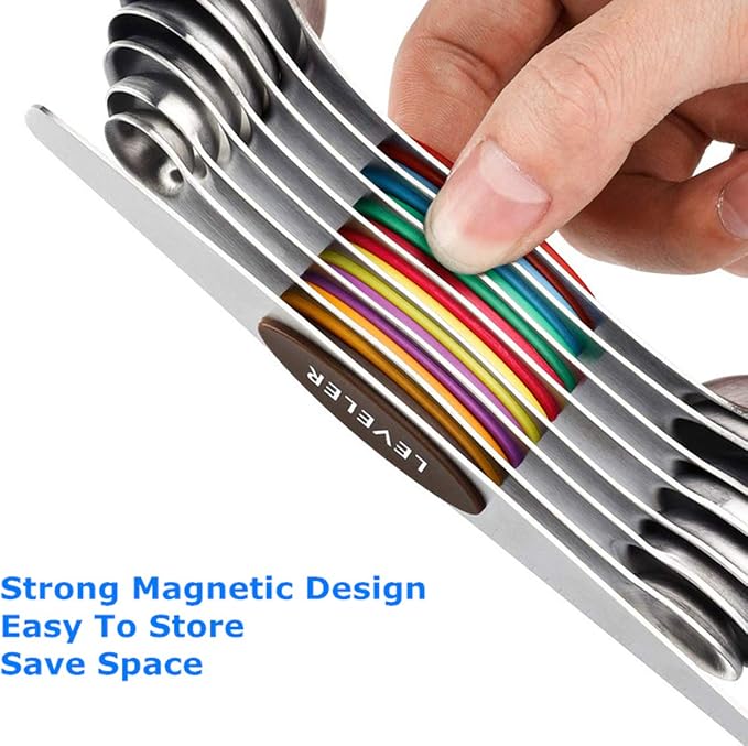 Stainless Steel Baking Tools, Magnetic Double-Headed Measuring Spoons, Seasoning Measuring Spoons With Scraper (8 PCS,Multicolor)