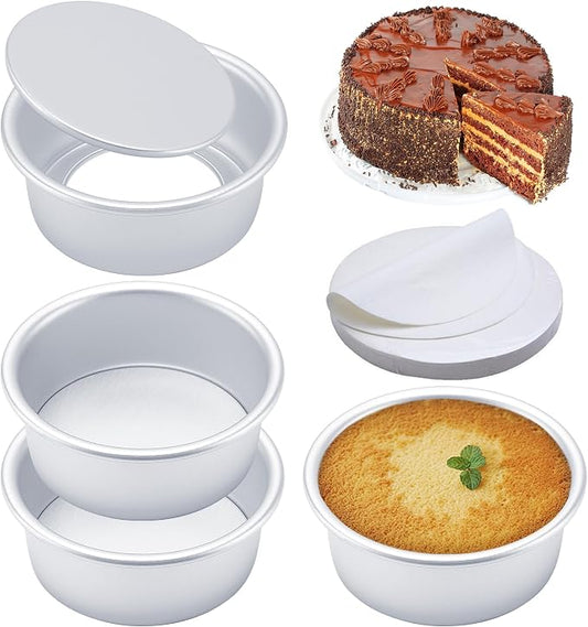 6 Inch Cake Pans Set of 4, Nonstick Aluminum Pans with 100 Sheets Parchment Paper, Round Cake Pans Cake Tins for Making Layered Cakes Deep Dish Pizza Quiches, Removable Bottom for Easy Quick Release