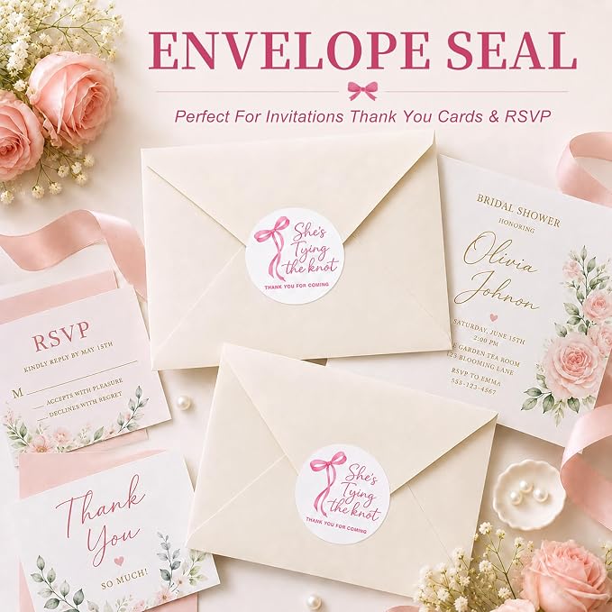 120 Bridal Shower Stickers, She's Tying the Knot Thank You Favor Stickers, Pink Bow Bride Sticker Labels for Bride to Be, Bridal Shower Favors, Gift Bags, Favor Boxes, Engagement Party, 1.6 Inch