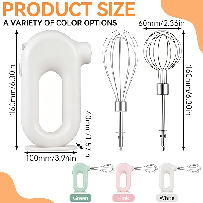 Cordless Hand Mixer, Electric Hand Whisk Portable Egg Beater Handheld Egg Beater Electric Handheld 4 Speed Adjustable Mini Hand Mixer Electric Mixer, USB Charing, 1500mah(White)