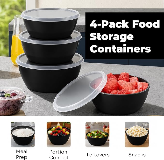 ZHANG XIAO QUAN SINCE 1628 Food Storage Containers Set of 4, PP5 Plastic Fresh-Keeping Container BPA Free, Airtight Lids, Microwave and Freezer Safe, BLACK