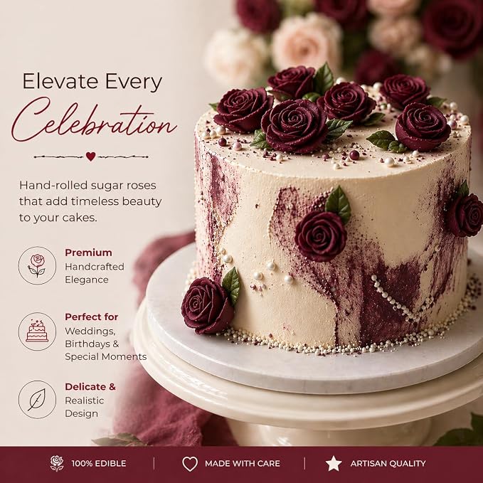 Confect Edible Deep Burgundy Rose Toppers – Edible Roses for Cake & Cupcake Decorations, Perfect for Weddings & Special Occasions- Vegan, Gluten-Free, Dairy-Free, Palm Oil-Free - Pack of 12