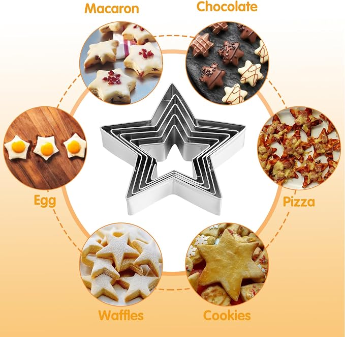 5 Pcs Star Cookie Cutter Set, Cutters Stainless Steel Five-Pointed Star Edge Cookie Cutters Fondant Biscuit Sandwich Cheese Cutter Star Shapes Molds Pastry Mold Bakeware Tools