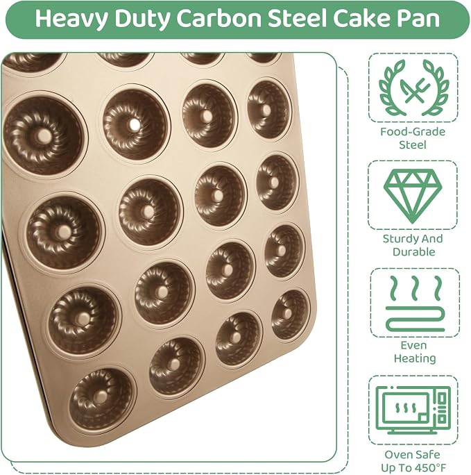 2 Pack Mini Bundlette Cake Pans for Baking, 24-Cavity Mini Fluted Cake Pans, Nonstick Carbon Steel Bundtini Cake Molds, Mini Pound Cake Pan for Cupcakes, Donuts, Cornbread, Brownies, Jellies
