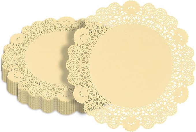 Restaurantware-Pastry Tek 12 x 12 Inch Paper Lace Doilies, 4000 Disposable Table Doilies - Elegant Lace Finish, Long Lasting, Yellow Paper Placemat, for Pastries, Cupcakes, Desserts