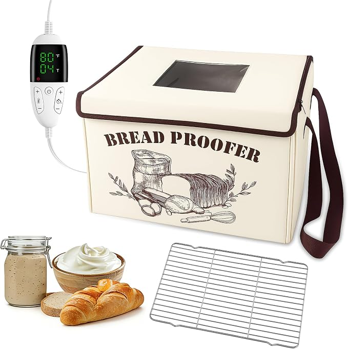 Folding Bread Proofing Box with Fahrenheit Temp Control & Digital Timer, 3-Side Heating Dough Proofer with Metal Rack, Large Foldable Fermenter for Sourdough, Pizza Dough, Yogurt & Kombucha