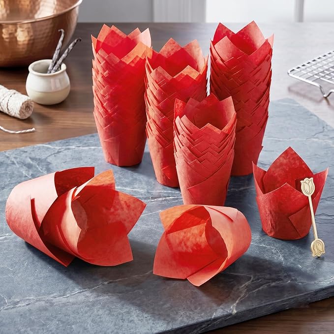 200 Pcs Red Tulip Cupcake Liners for Baking, Standard Size | Standard Greaseproof Tulip Muffin Liners for Baking, 3oz Red Paper Cupcake Wrappers for Party Wedding Birthday