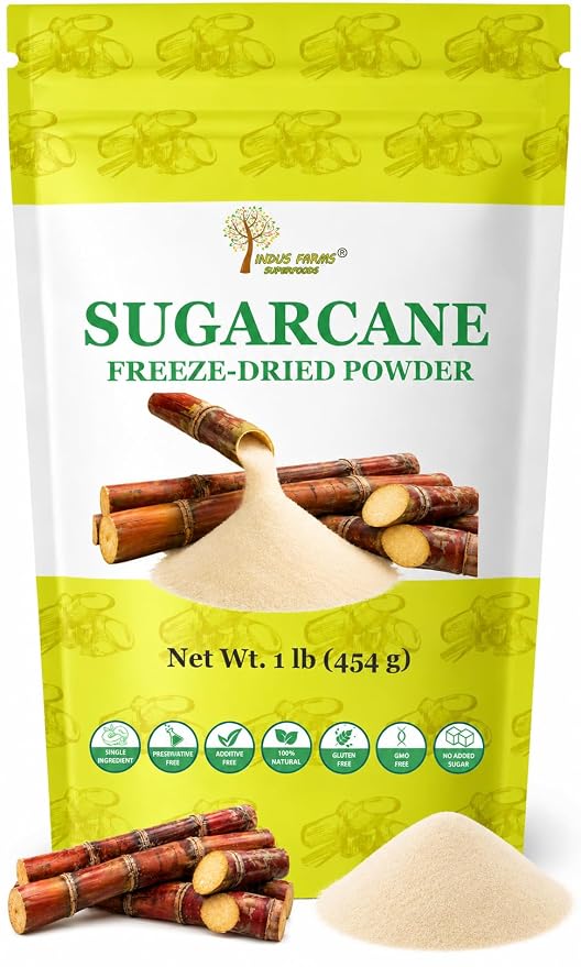 Indus Farms Freeze-Dried Sugarcane Juice Powder, Single Ingredient Made from Real Sugarcane Juice, No Additives or Preservatives, For Smoothies, Baking, Desserts & Beverages, 1 LB