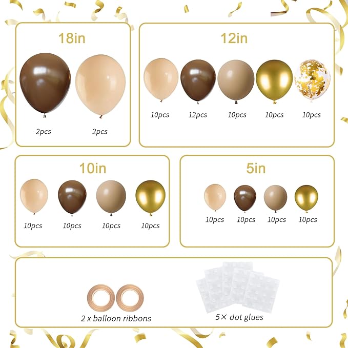 136pcs Brown Balloon Arch Kit, 18 12 10 5 inch Dark Brown Nude Gold Confetti Balloons Garland for Neutral Bear Baby Shower Safari Birthday Party Decorations Supplies