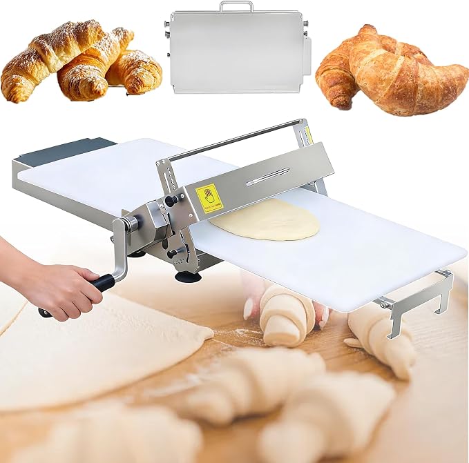 Manual Foldable Dough Sheeter with Stainless Steel Construction, Pastry Roller with Adjustable Thickness Settings 0-25mm, Includes Sheeter Board for Pizza, Croissant, and Pastry Laminating