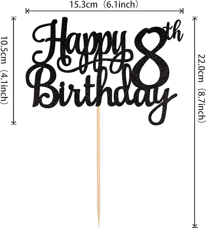 1 PCS Happy 8th Birthday Cake Topper Glitter Cheers to 8 Years Cake Pick Number 8 Fabulous Cake Decoration for 8th Birthday Theme Party Decorations Supplies Black