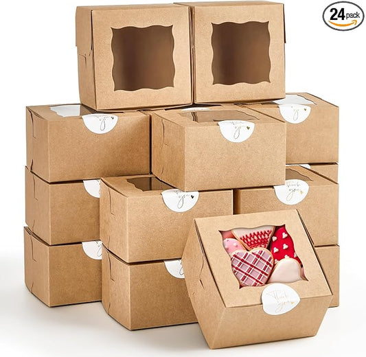 ZORRITA 24pcs Small Cookie Boxes with Window, 4x4x2.5 Inch Kraft Bakery Boxes with Stickers Dessert Treat Containers for Pastry Mini Cake Strawberry Donut Individual Cupcake