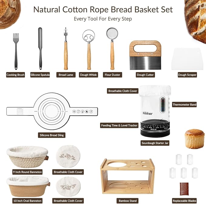 Nikkar Complete Sourdough Starter Kit with Bamboo Storage Rack Bread Basket | 12 Set Sourdough Bread Baking Supplies with Glass Sourdough Starter Jar for Bread Making Baking Fermentation