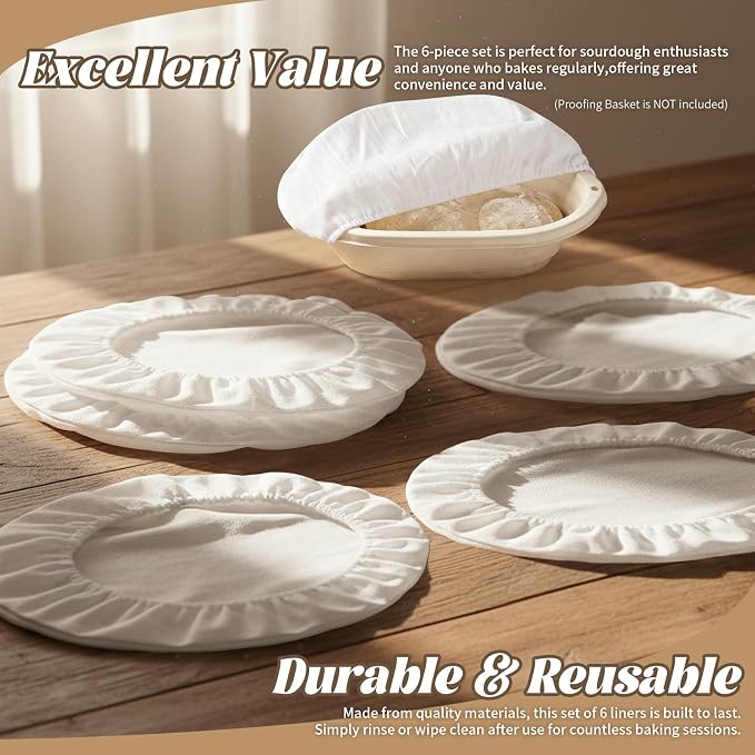 6 Pack Elastic Bread Proofing Basket Covers - Premium Linen & Cotton Liners for 12 inch Oval Sourdough Banneton, Non-Stick, Breathable Fermentation Cloth for Sourdough & Artisan Baking